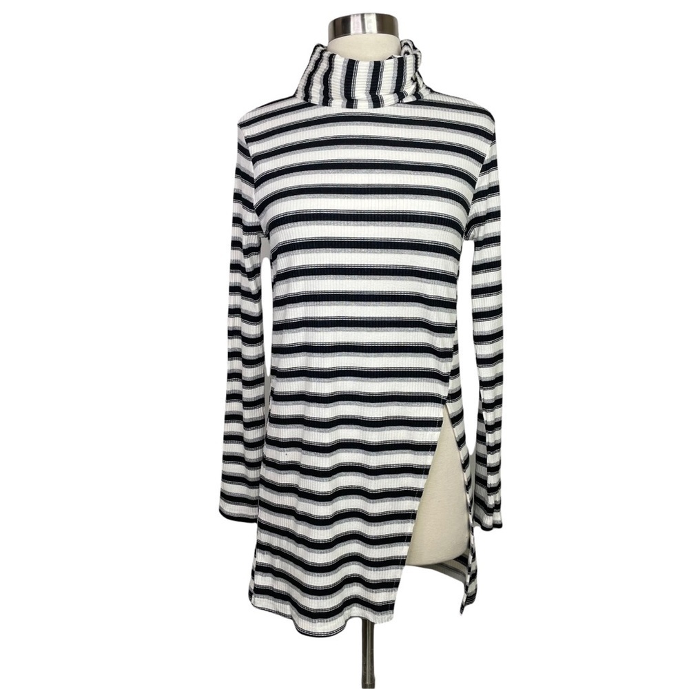 Copper Key Striped Metallic Ribbed Knit Turtleneck Tunic Top